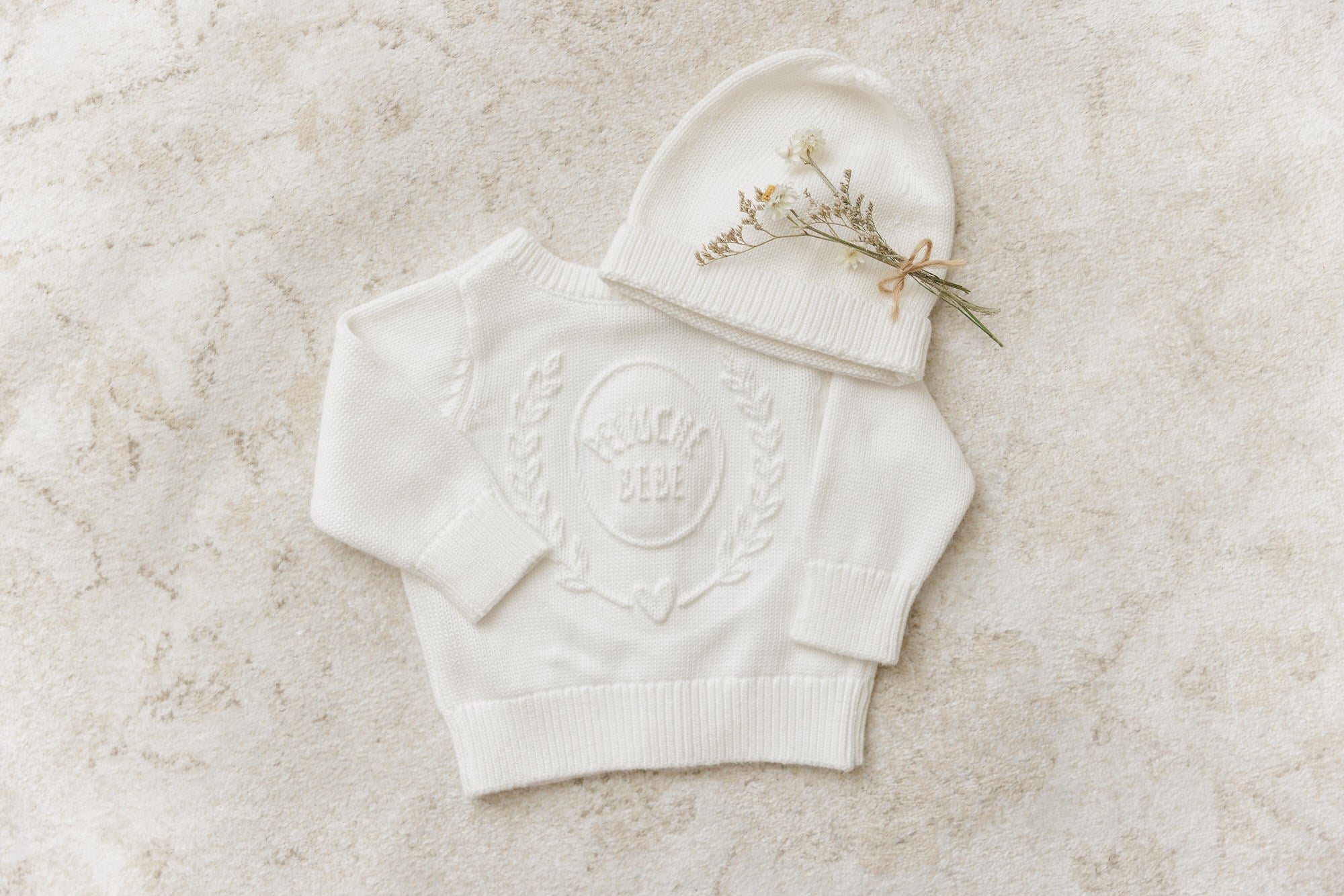 Embossed Reversible Cardigan + Beanie Set – Cream