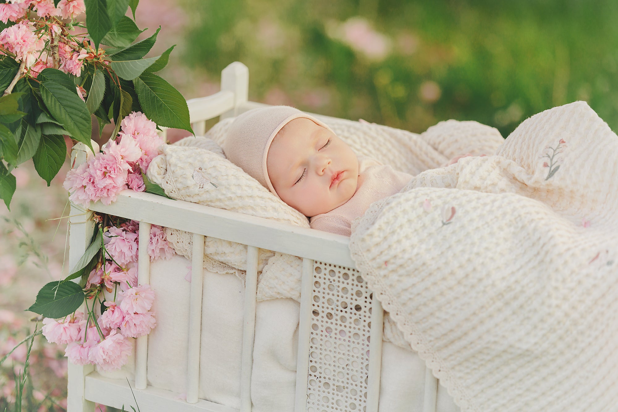 Floral Birds Embroidered Waffle Blanket - Pink
