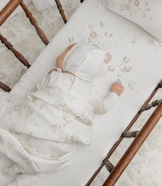 Floral Footie/Pink Gingham Elbow Patch + Bonnet + Swaddle