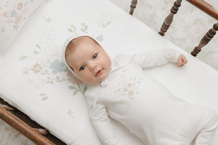 Floral Footie/Pink Gingham Elbow Patch + Bonnet