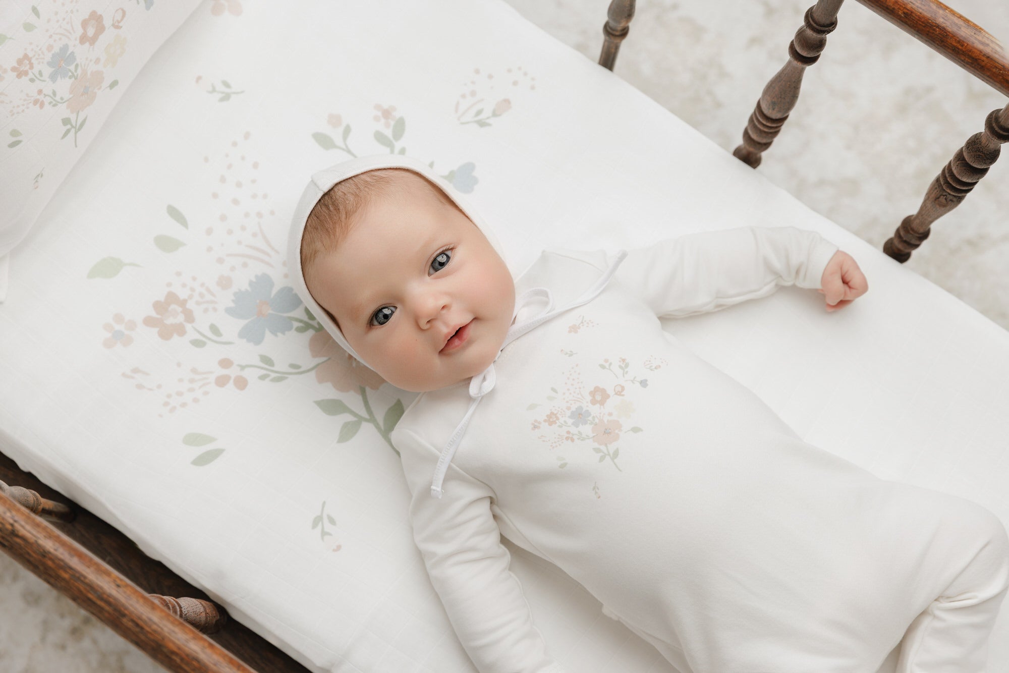 Floral Footie/Pink Gingham Elbow Patch + Bonnet