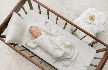 Floral Footie/Blue Gingham Elbow Patch + Bonnet + Swaddle