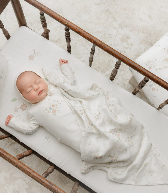 Floral Footie/Blue Gingham Elbow Patch + Bonnet + Swaddle