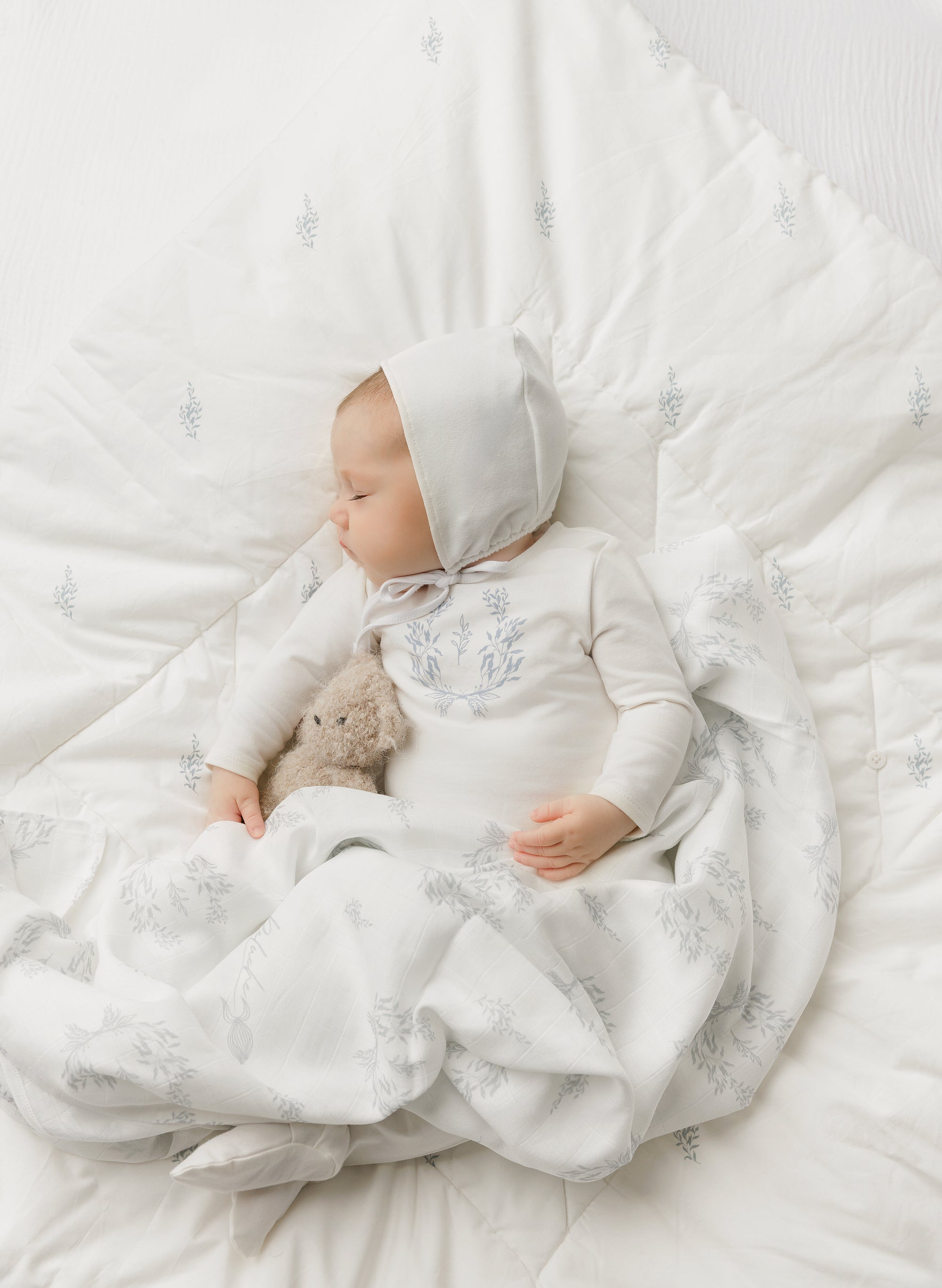Botanical Blue Footie + Bonnet + Swaddle