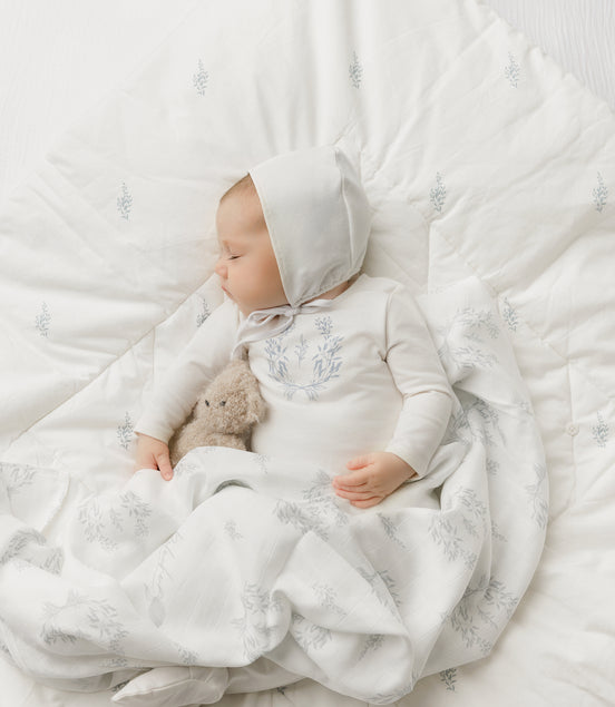 Botanical Blue Footie + Bonnet + Swaddle
