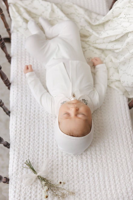Footie with Emb Collar + Cardigan + Bonnet - Cream/Olive