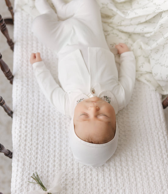Footie with Emb Collar + Cardigan + Bonnet - Cream/Olive