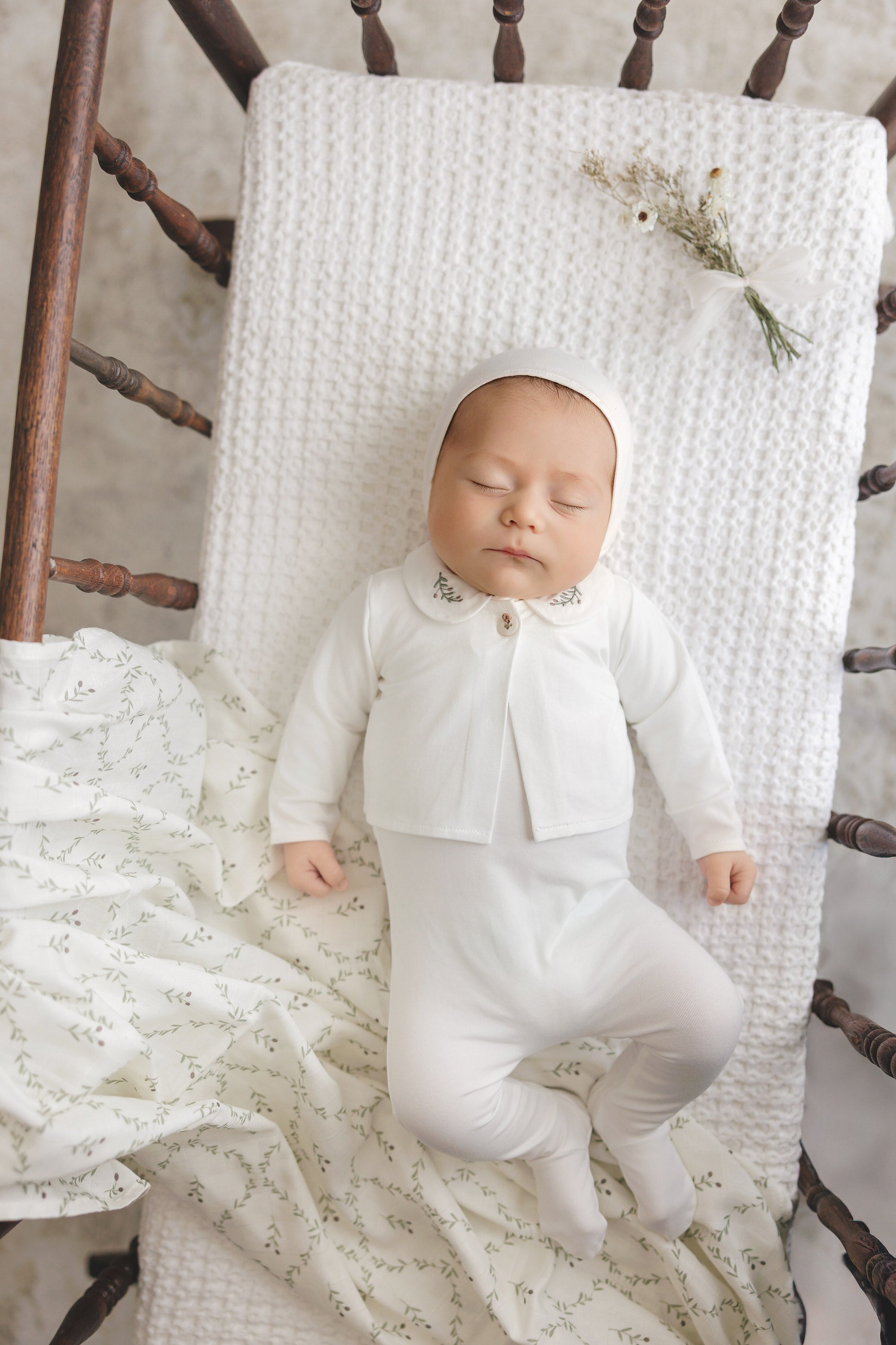 Footie with Emb Collar + Cardigan + Bonnet + Lattice Swaddle - Cream/Olive