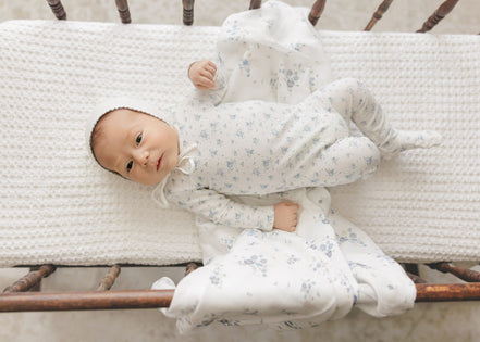 Floral Footie + Bonnet + Swaddle - Blue