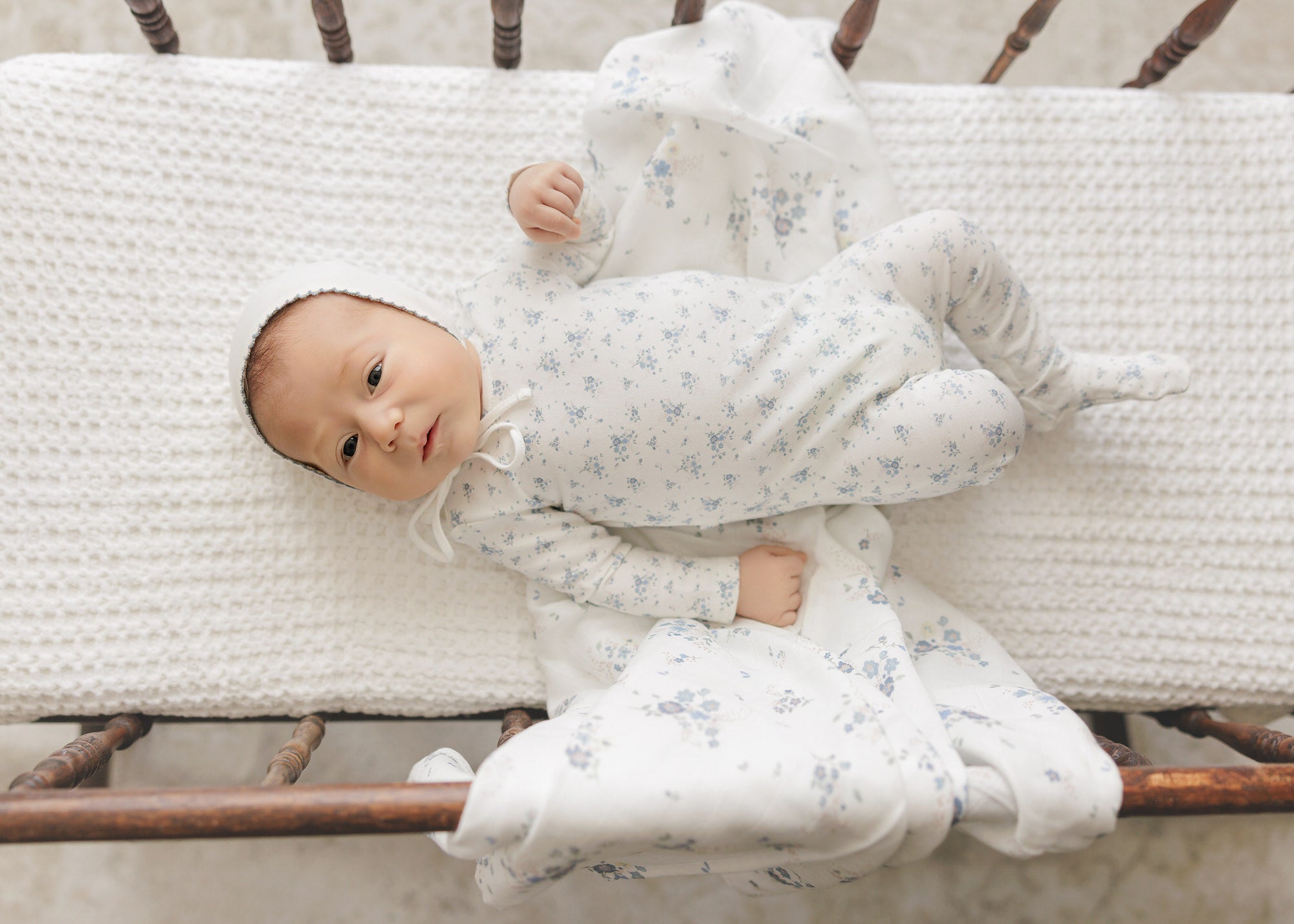 Floral Footie + Bonnet + Swaddle - Blue