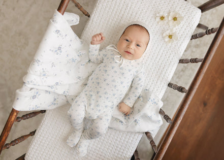 Floral Footie + Bonnet + Swaddle - Blue