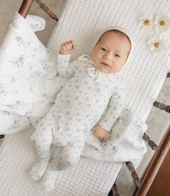 Floral Footie + Bonnet + Swaddle - Blue