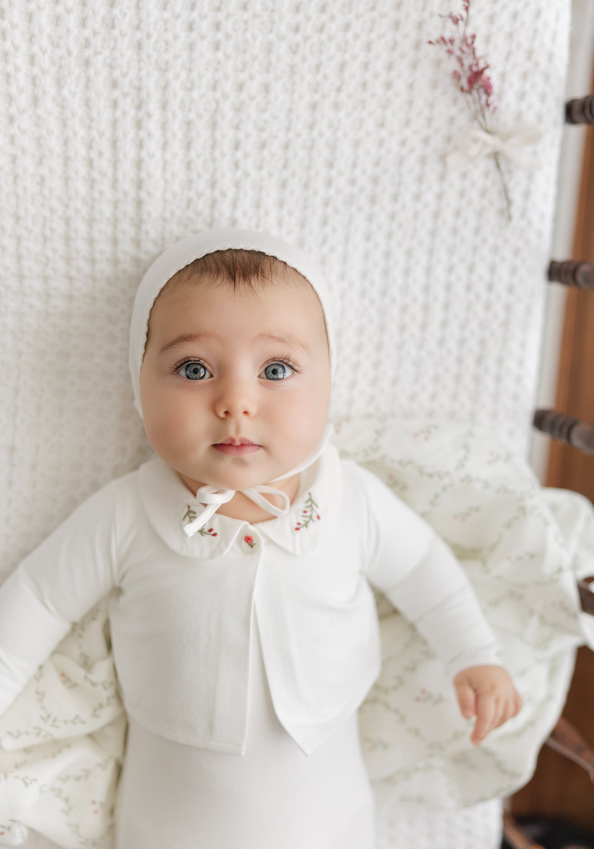 Footie with Emb Collar + Cardigan + Bonnet - Cream/Berry