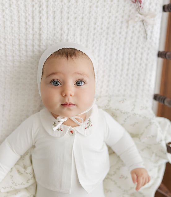 Footie with Emb Collar + Cardigan + Bonnet - Cream/Berry