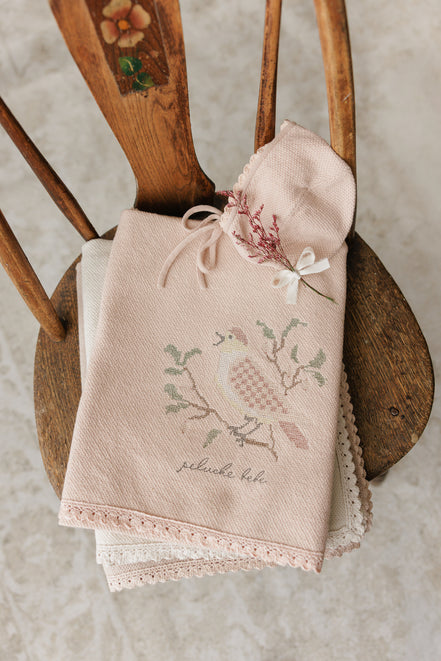 Knit Cross Stitch Blanket and Bonnet - Rose