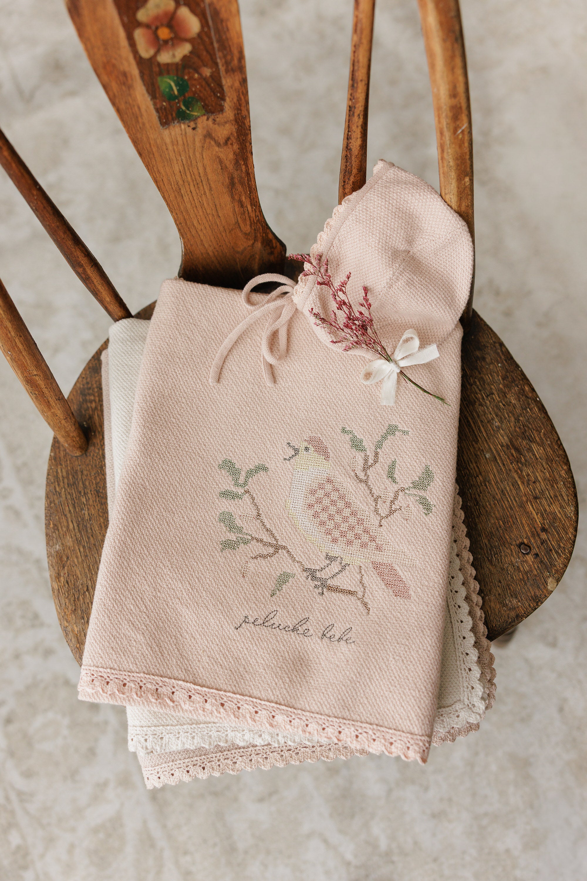 Knit Cross Stitch Blanket and Bonnet - Rose