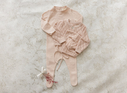 Knit Pointelle Cropped Cardigan + Bonnet Set - Rose
