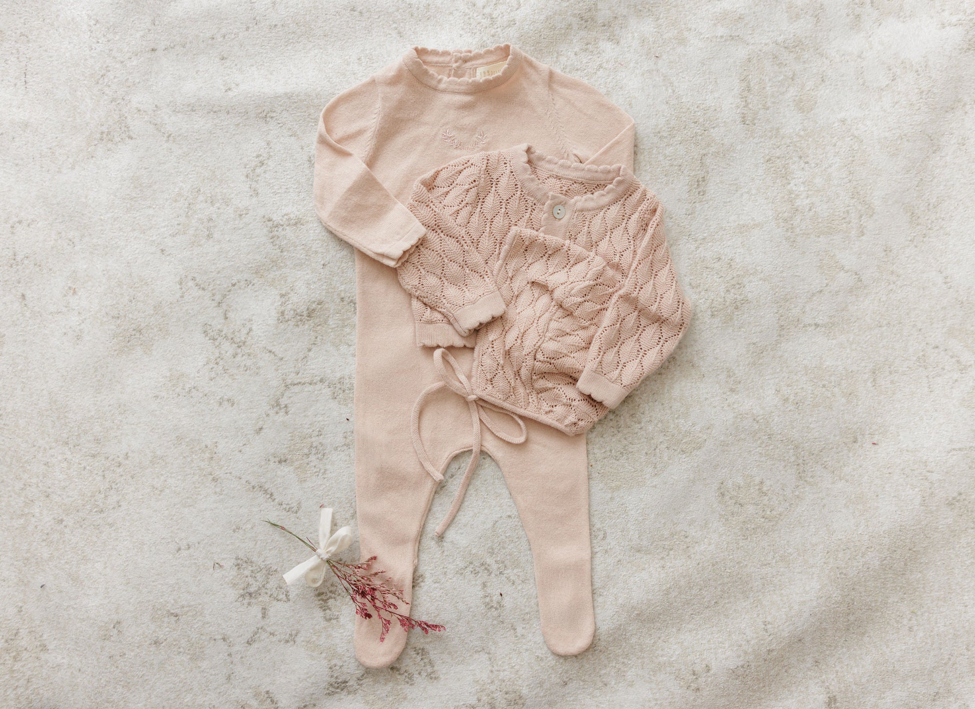 Knit Pointelle Cropped Cardigan + Bonnet Set - Rose