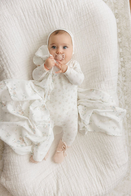 Floral Footie + Bonnet + Swaddle - Pink