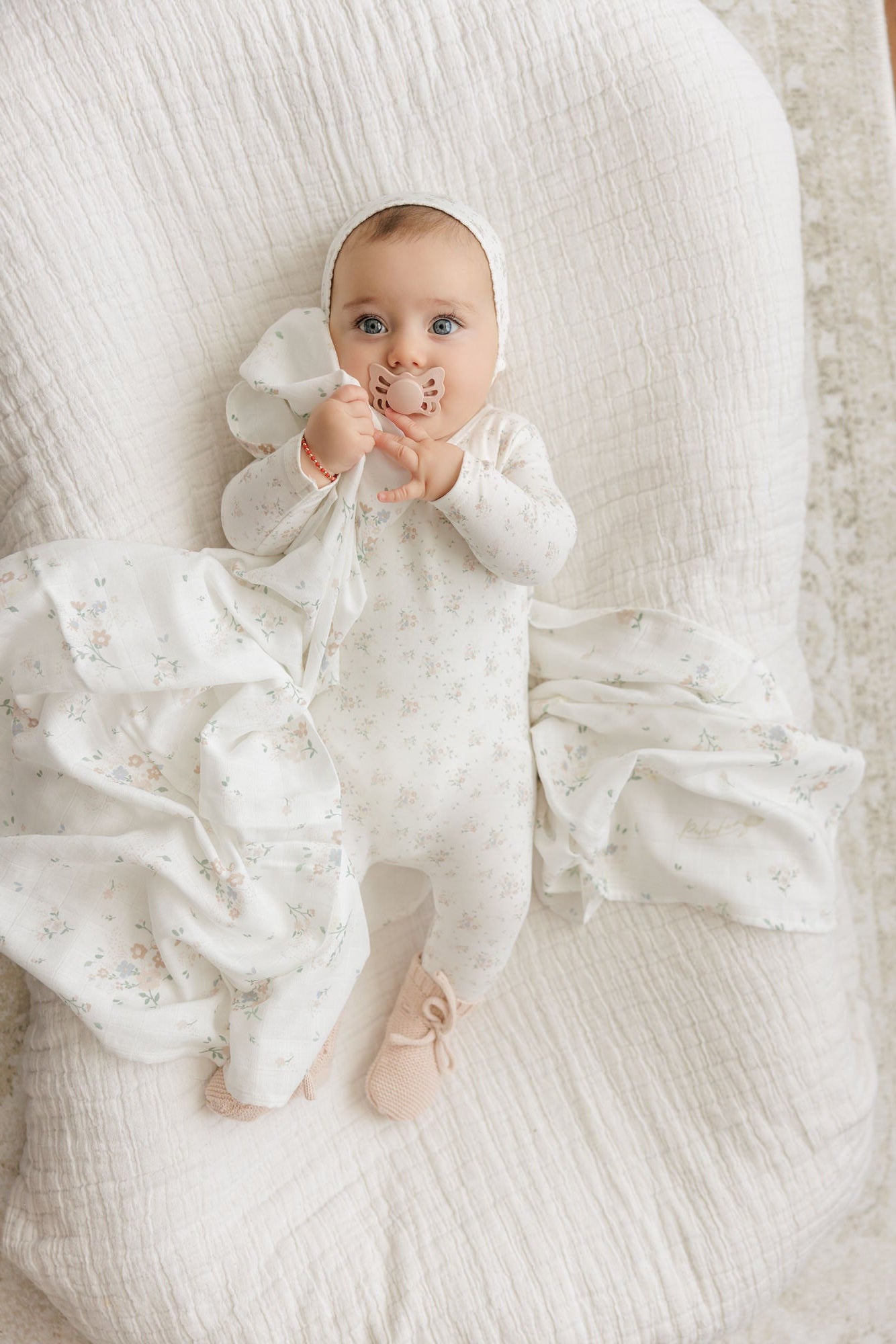 Floral Footie + Bonnet + Swaddle - Pink