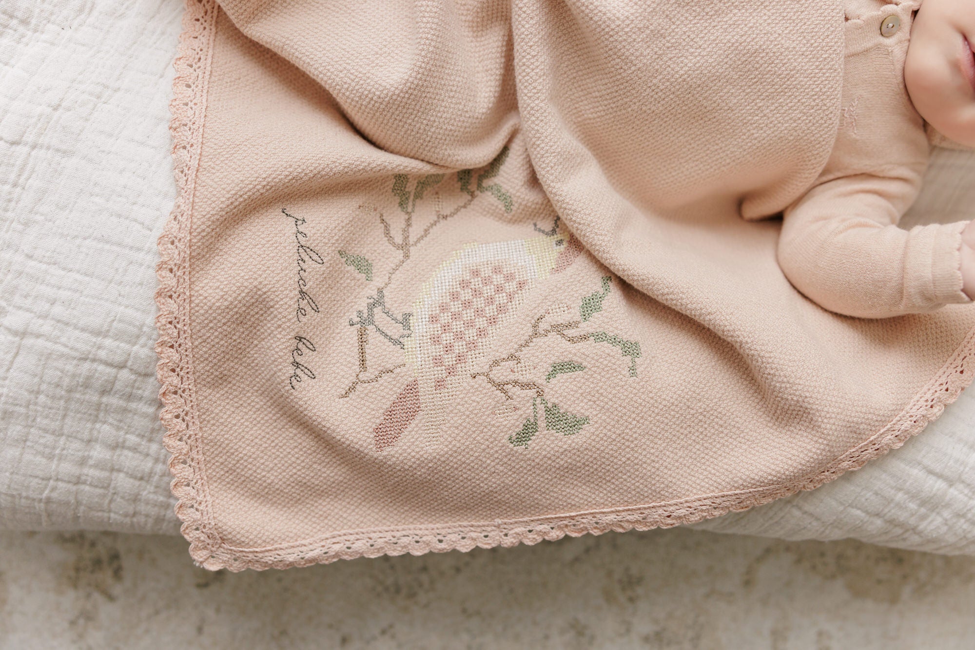 Knit Cross Stitch Blanket and Bonnet - Rose