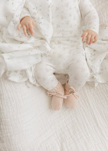 Floral Footie + Bonnet + Swaddle - Pink