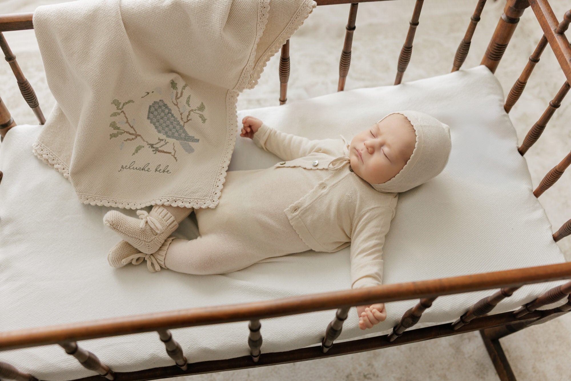 Knit Jumpsuit + Cropped Cardigan + Bonnet Set - Stone