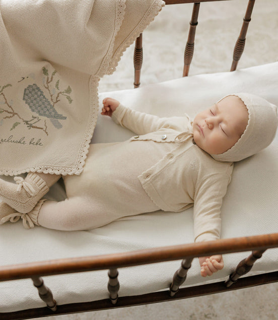 Knit Cross Stitch Blanket and Bonnet - Stone Blue