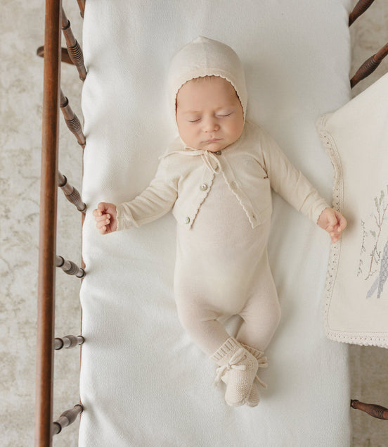 Knit Jumpsuit + Cropped Cardigan + Bonnet Set - Stone