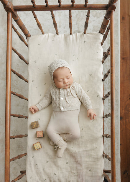 Knit Pointelle Cropped Cardigan + Bonnet Set - Stone