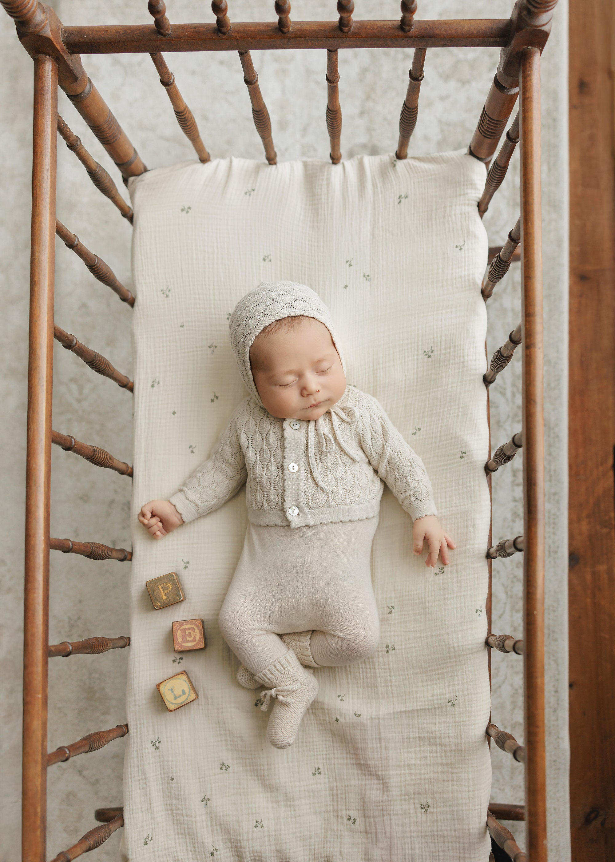 Knit Pointelle Cropped Cardigan + Bonnet Set - Stone