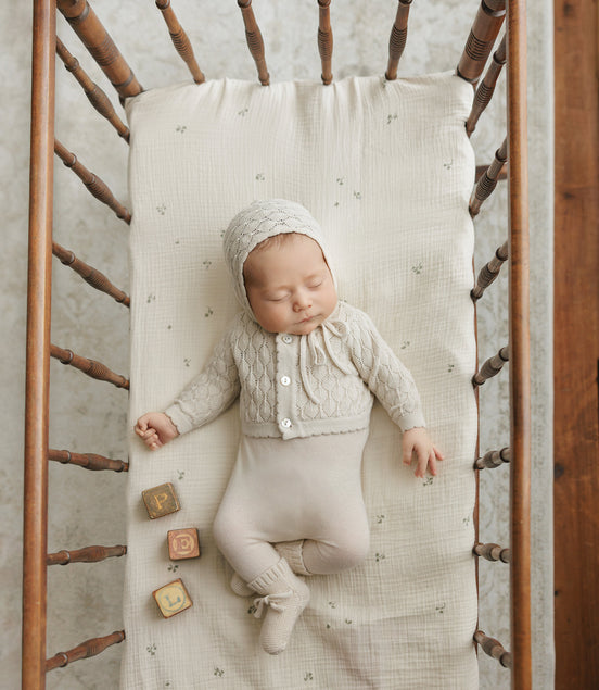 Knit Pointelle Cropped Cardigan + Bonnet Set - Stone