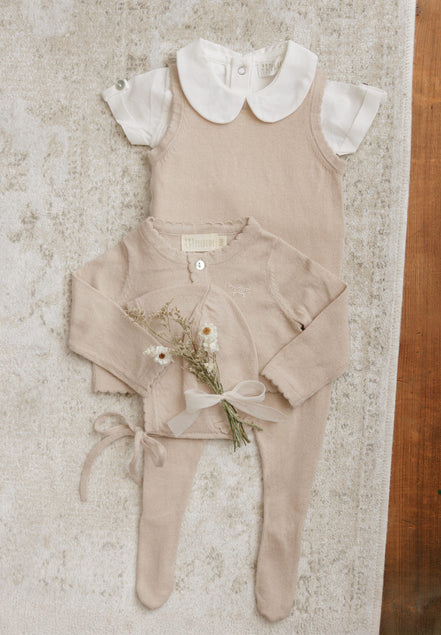 Knit Jumpsuit + Cropped Cardigan + Bonnet Set - Taupe