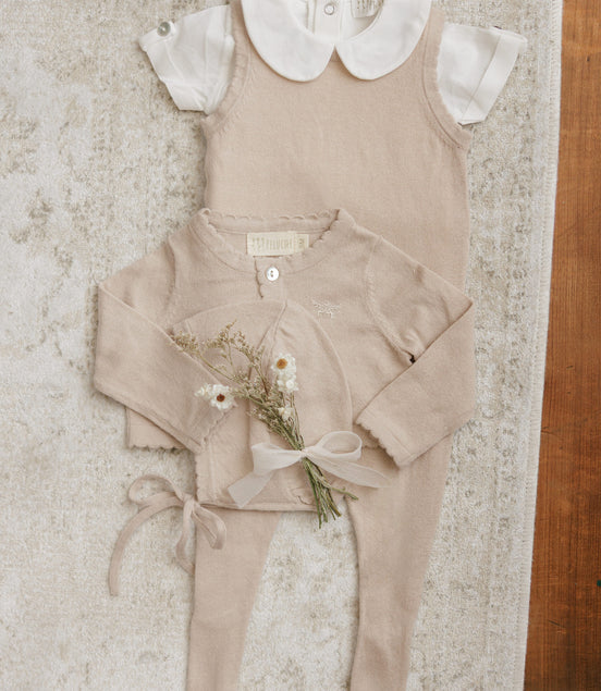 Knit Jumpsuit + Cropped Cardigan + Bonnet Set - Taupe