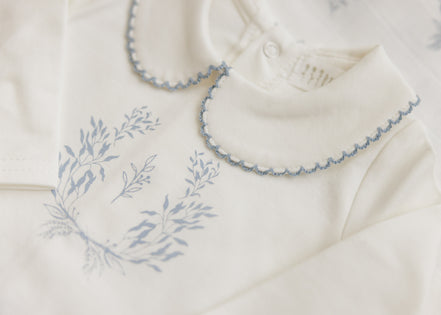 Botanical Footie with Collar + Bonnet + Swaddle - Blue