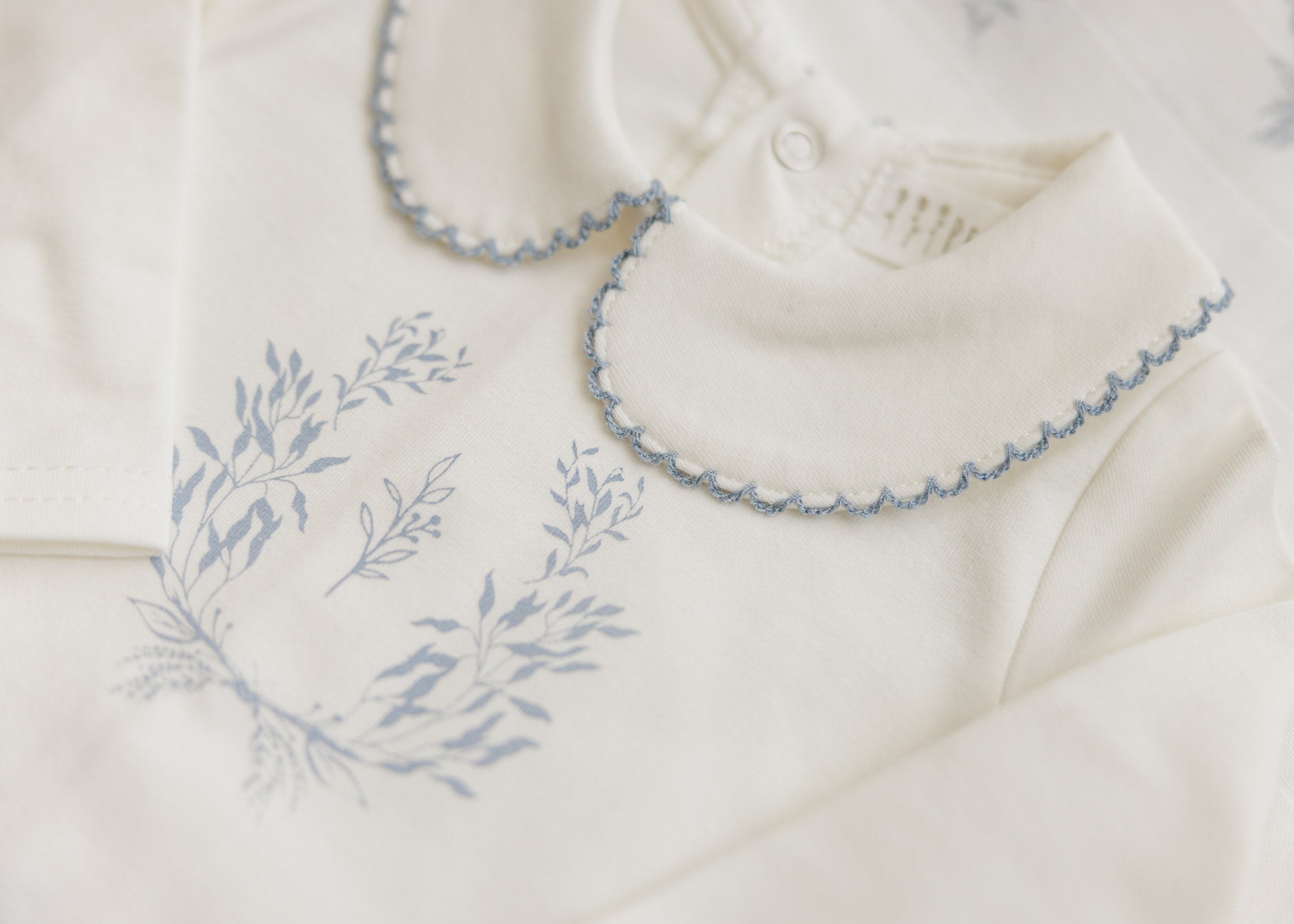 Botanical Footie with Collar + Bonnet + Swaddle - Blue