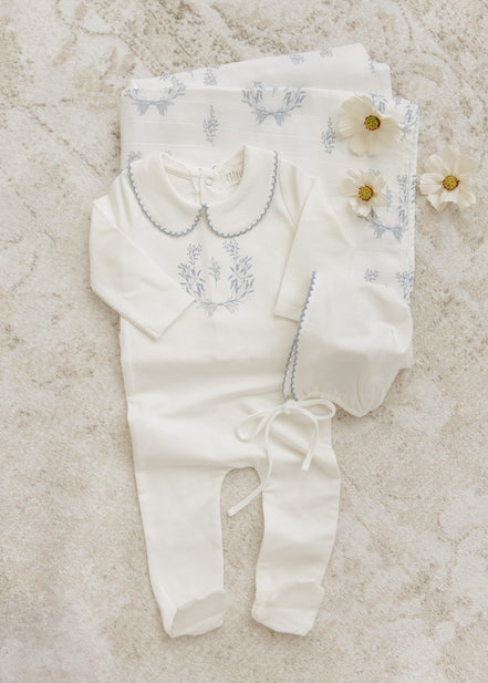 Botanical Footie with Collar + Bonnet + Swaddle - Blue