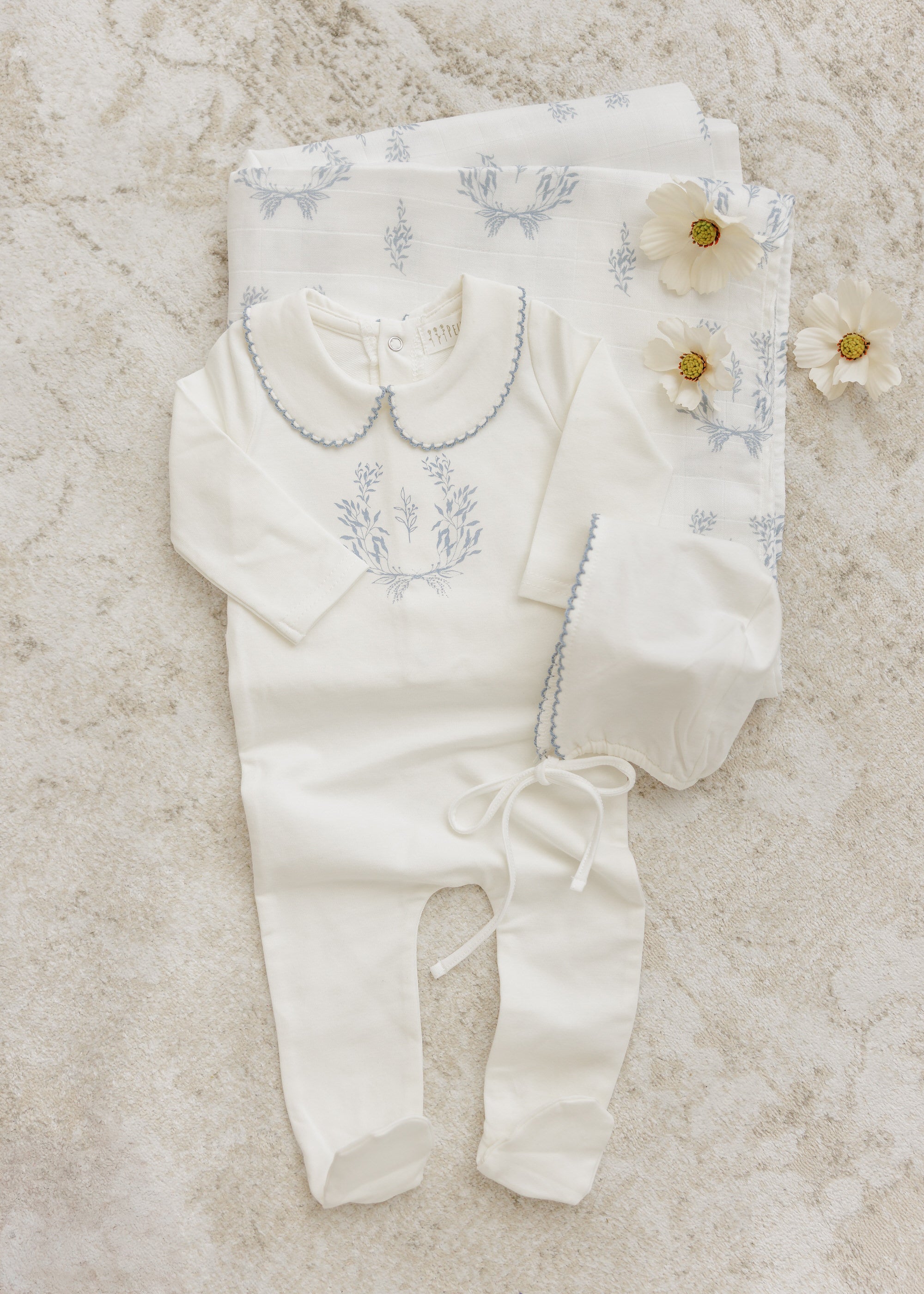 Botanical Footie with Collar + Bonnet + Swaddle - Blue