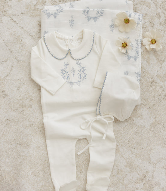 Botanical Footie with Collar + Bonnet + Swaddle - Blue