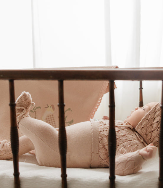 Knit Pointelle Cropped Cardigan + Bonnet Set - Rose