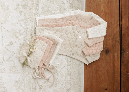 Knit Pointelle Cropped Cardigan + Bonnet Set - Stone