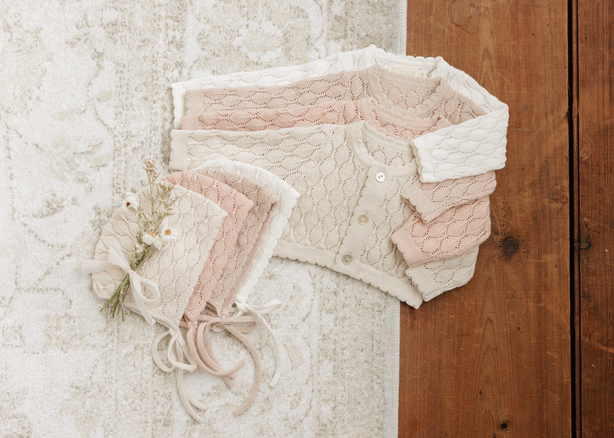 Knit Pointelle Cropped Cardigan + Bonnet Set - Stone
