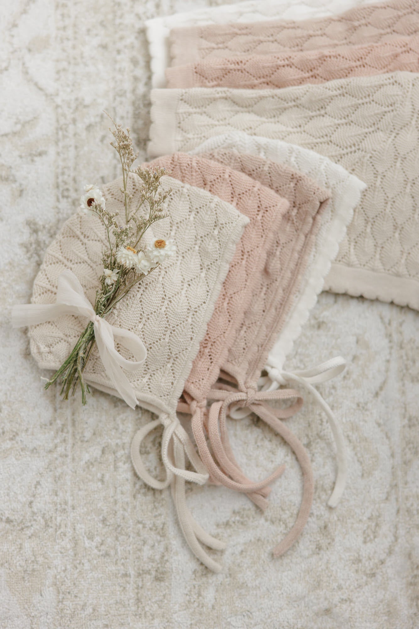 Knit Pointelle Cropped Cardigan + Bonnet Set - Stone