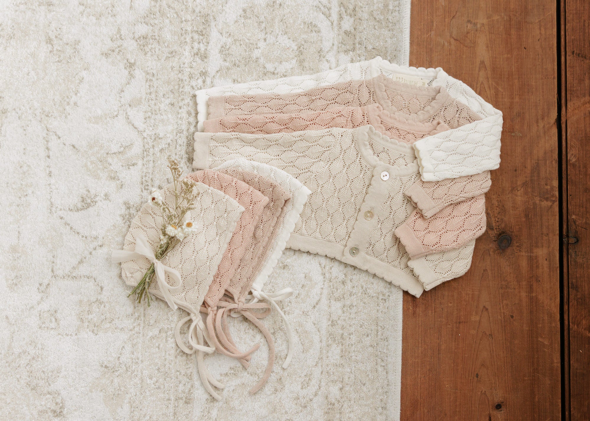 Knit Pointelle Cropped Cardigan + Bonnet Set - Taupe