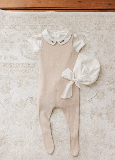 Knit Jumpsuit + Cropped Cardigan + Bonnet Set - Taupe