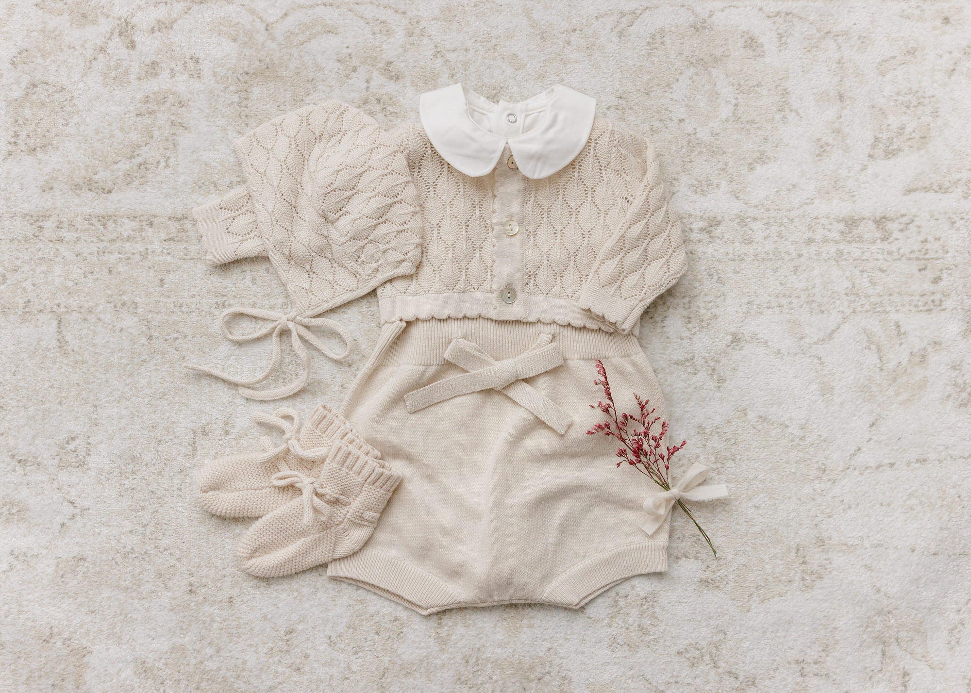 Knit Pointelle Cropped Cardigan + Bonnet Set - Stone