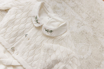 Knit Pointelle Cropped Cardigan + Bonnet Set - Cream