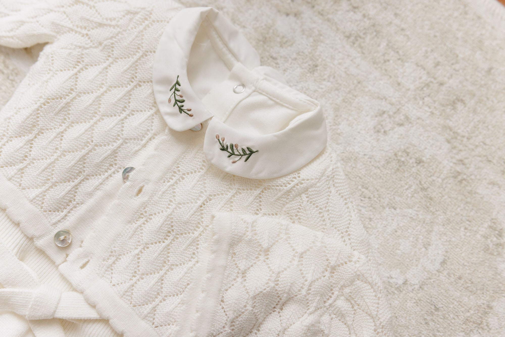 Knit Pointelle Cropped Cardigan + Bonnet Set - Cream