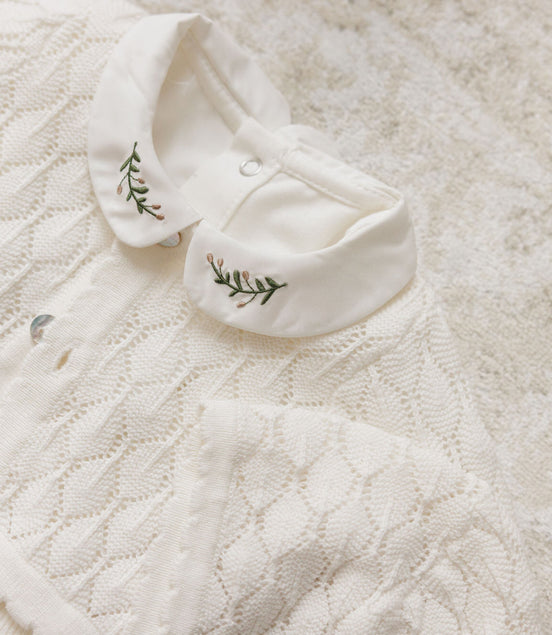 Knit Pointelle Cropped Cardigan + Bonnet Set - Cream