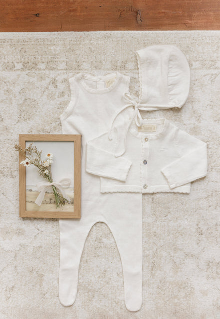 Knit Jumpsuit + Cropped Cardigan + Bonnet Set - Cream